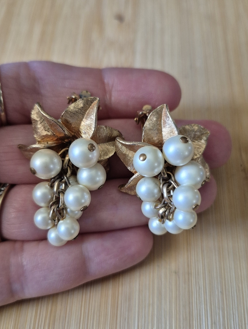 Vintage Brushed Gold Tone Grape Cluster Clip-On Earrings with Faux Pearl Drops